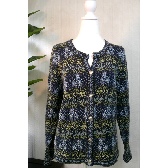 VTG Nomadic Traders Sweater Navy Blue w/Daisy Print/Heart Metal Buttons-Wmns XL - Picture 1 of 8